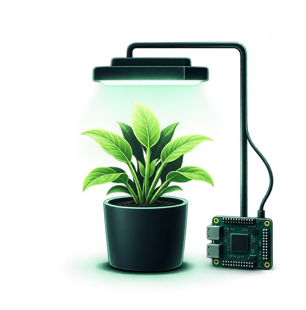 Illustration of a potted plant beneath a grow light beside a small circuit board.